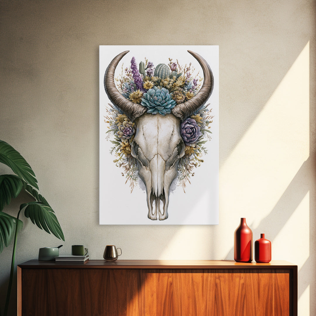 Cow Skull with Desert Flowers Framed Canvas Print, Rustic Art, Wall Art, Farmhouse Decor, Oil Painting, Rustic, RUS-2x3-1
