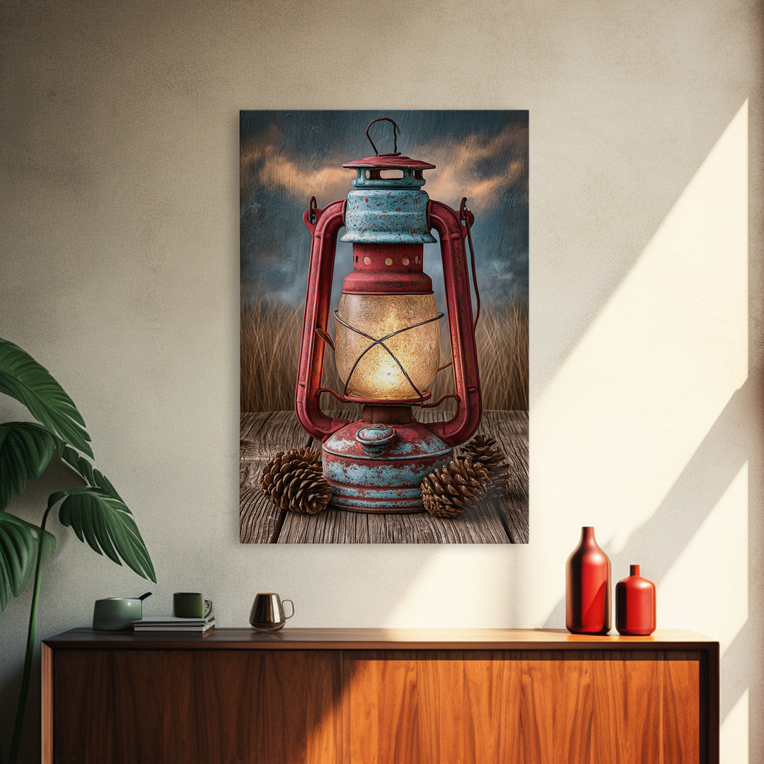 Rustic Lantern Glowing Beside Pinecones Framed Canvas Print, Rustic Art, Minimalist Decor, Farmhouse Decor, Oil Painting, RUS-2x3-12