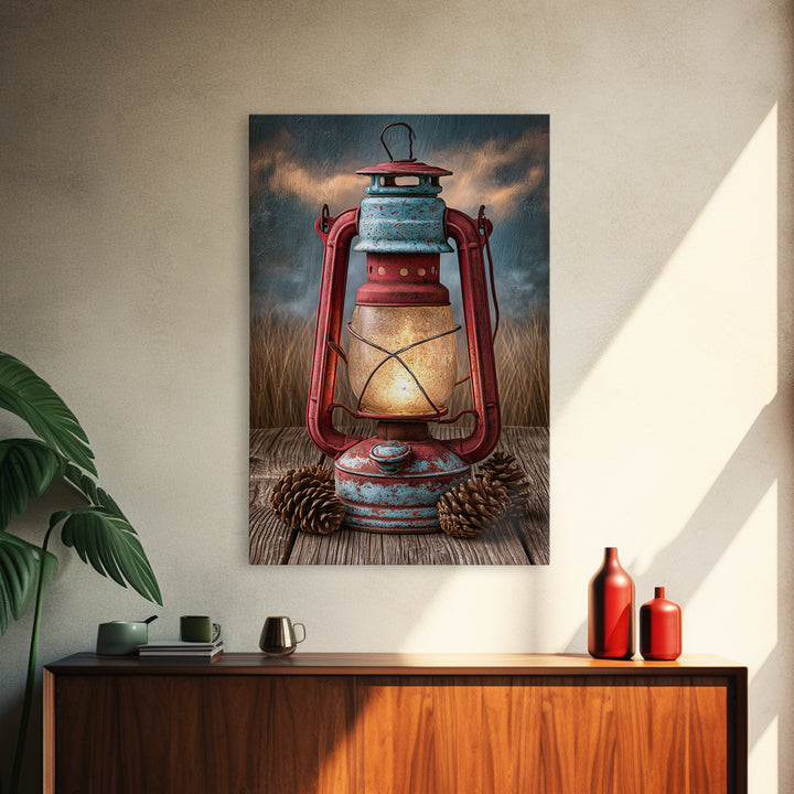 Rustic Lantern Glowing Beside Pinecones Framed Canvas Print, Rustic Art, Minimalist Decor, Farmhouse Decor, Oil Painting, RUS-2x3-12