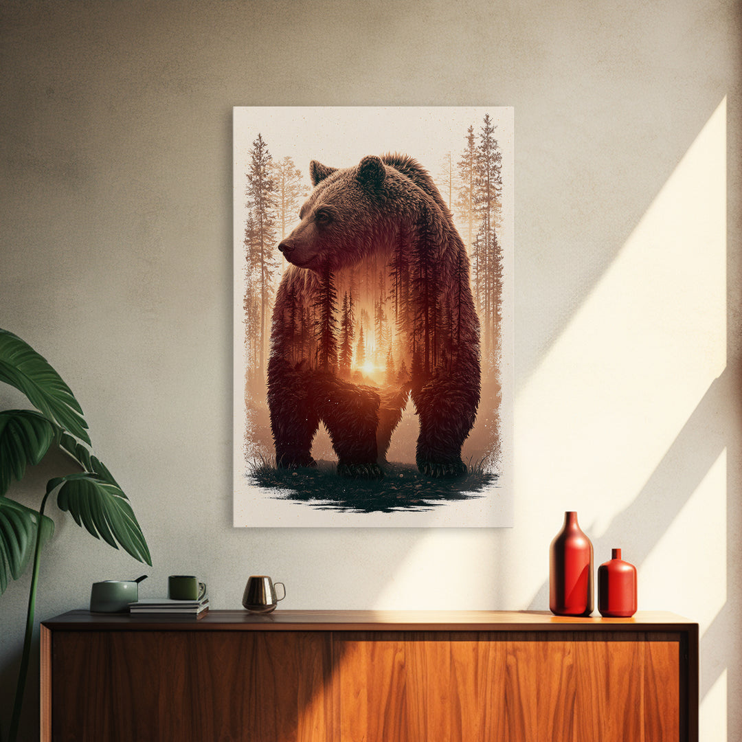 Bear Silhouette Among Pine Trees Canvas Print, Rustic Art, Gallery Decor, Farmhouse Decor, Fine Art, Rustic, Contemporary Art, RUS-2x3-15