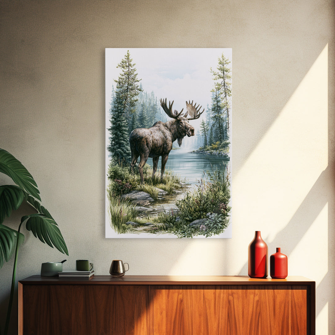 Moose Standing by a Quiet Lake Framed Canvas Print, Rustic Art, Digital Prints, Farmhouse Decor, Fine Art, Rustic, 3d Wall Art, RUS-2x3-17