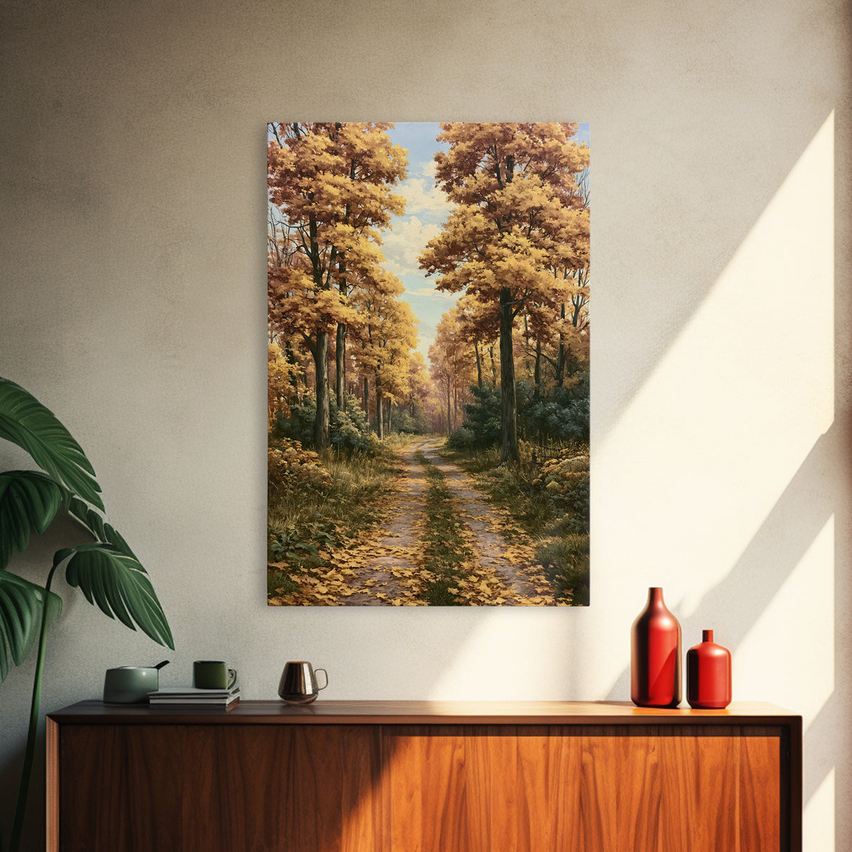 Forest Path with Golden Autumn Leaves Framed Canvas Print, Rustic Art, Statement Artwork, Farmhouse Decor, Fine Art, Rustic, RUS-2x3-2