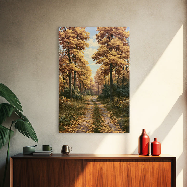 Forest Path with Golden Autumn Leaves Framed Canvas Print, Rustic Art, Statement Artwork, Farmhouse Decor, Fine Art, Rustic, RUS-2x3-2
