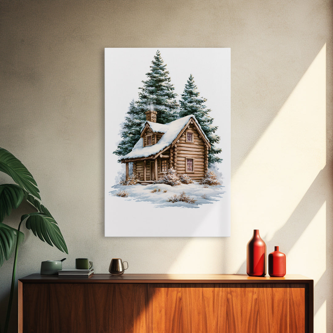 Log Cabin with Snowy Pines Canvas Print, Rustic Art, Luxury Decor, Farmhouse Decor, Fine Art, Rustic, Printable Wall Art, RUS-2x3-23
