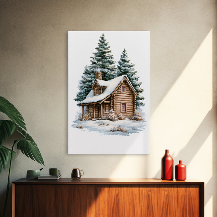 Log Cabin with Snowy Pines Canvas Print, Rustic Art, Luxury Decor, Farmhouse Decor, Fine Art, Rustic, Printable Wall Art, RUS-2x3-23