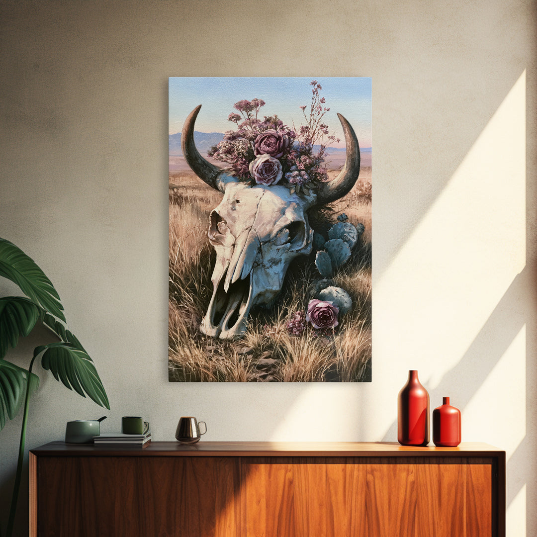 Cow Skull with Desert Flowers Framed Canvas Print, Rustic Art, Wall Art, Farmhouse Decor, Oil Painting, Rustic, RUS-2x3-25