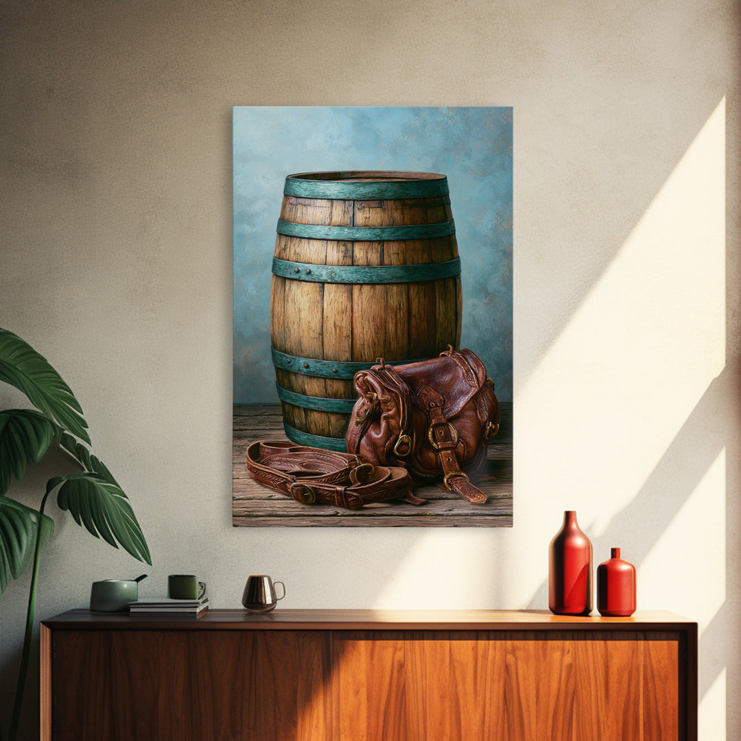 Whiskey Barrel and Leather Still Life Framed Canvas Print, Rustic Art, Downloadable Art, Farmhouse Decor, Fine Art, Rustic, RUS-2x3-3