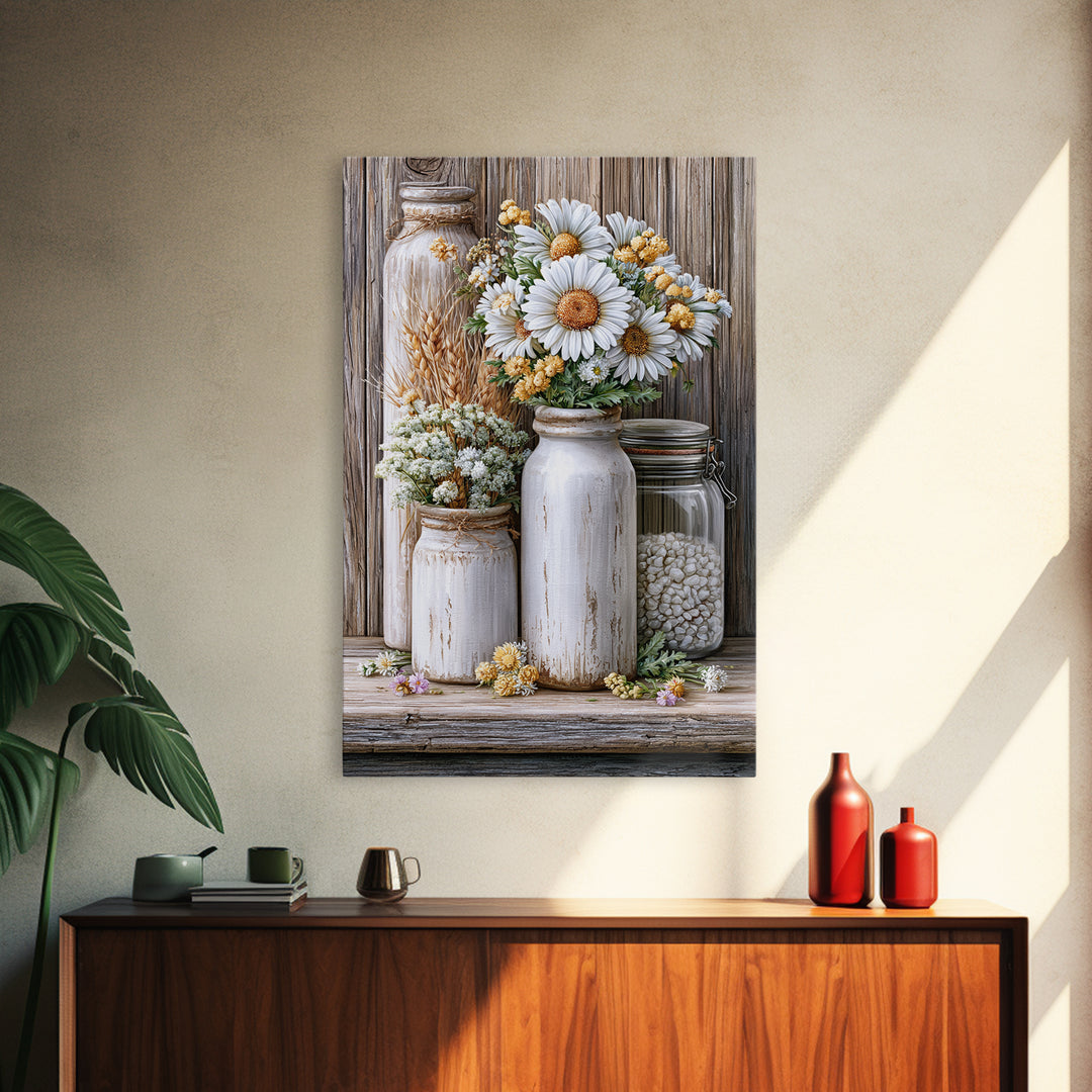Weathered Barn Wood and Wildflower Still Life Framed Canvas Print, Rustic Art, Oil Painting, Farmhouse Decor, Fine Art, Rustic, RUS-2x3-33