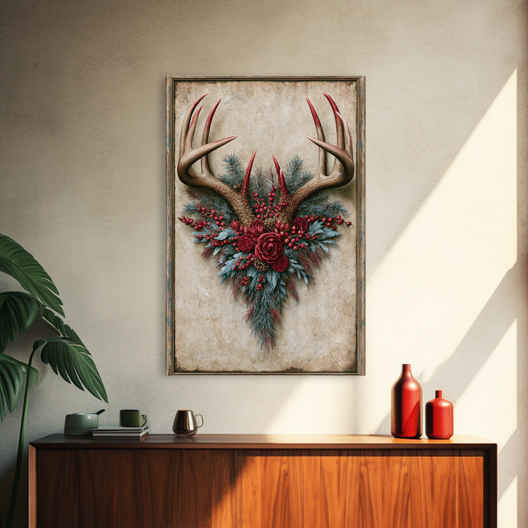 Deer Antlers with Pine Branches and Berries Framed Canvas Print, Rustic Art, Farmhouse Decor, Watercolor Art, Rustic, RUS-2x3-34
