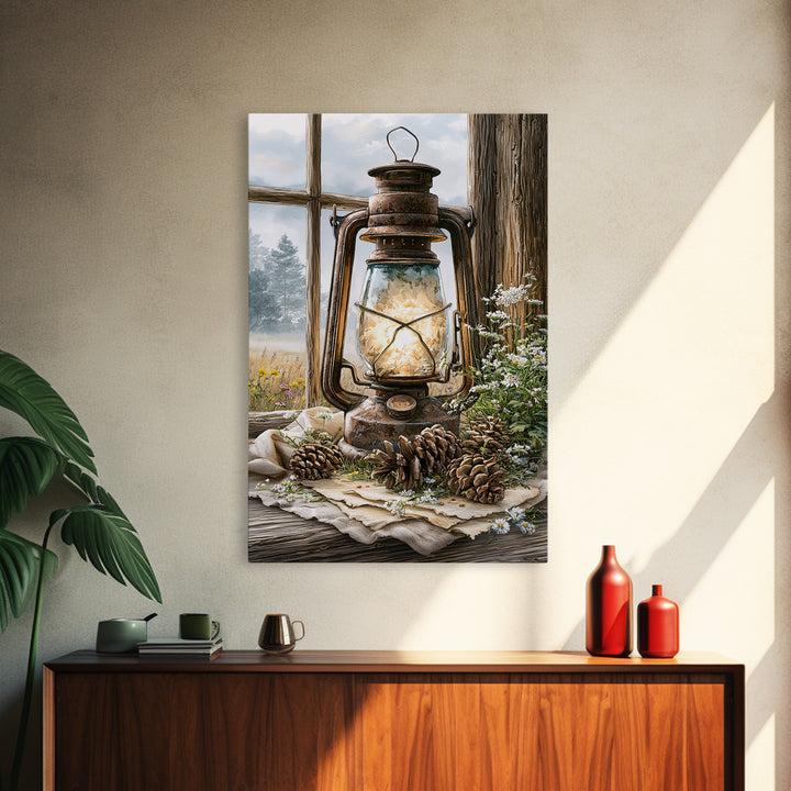 Rustic Lantern Glowing Beside Pinecones Framed Canvas Print, Rustic Art, Landscape Painting, Farmhouse Decor, Watercolor Art, RUS-2x3-36