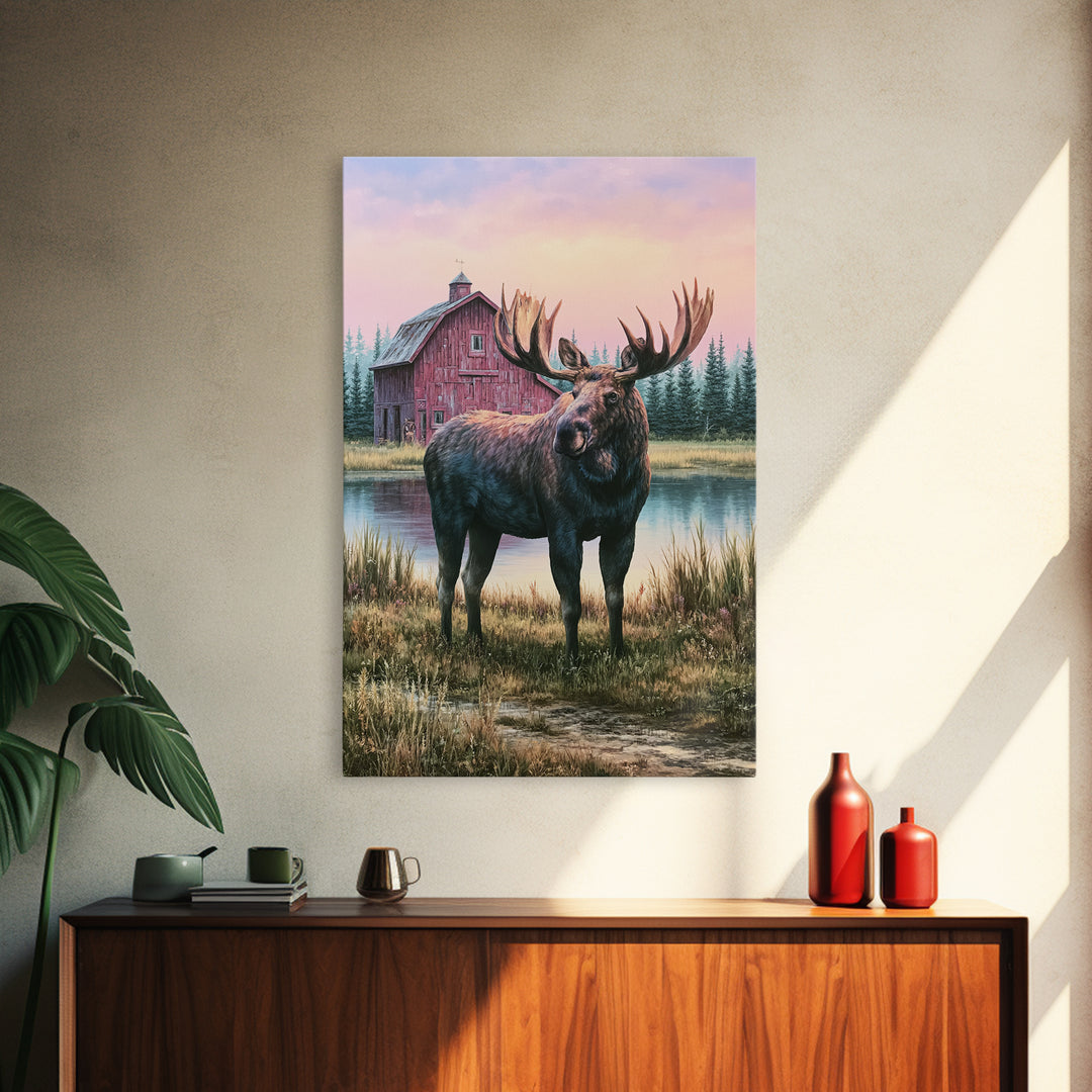 Moose Standing by a Quiet Lake Framed Canvas Print, Rustic Art, Digital Prints, Farmhouse Decor, Fine Art, Rustic, 3d Wall Art, RUS-2x3-41