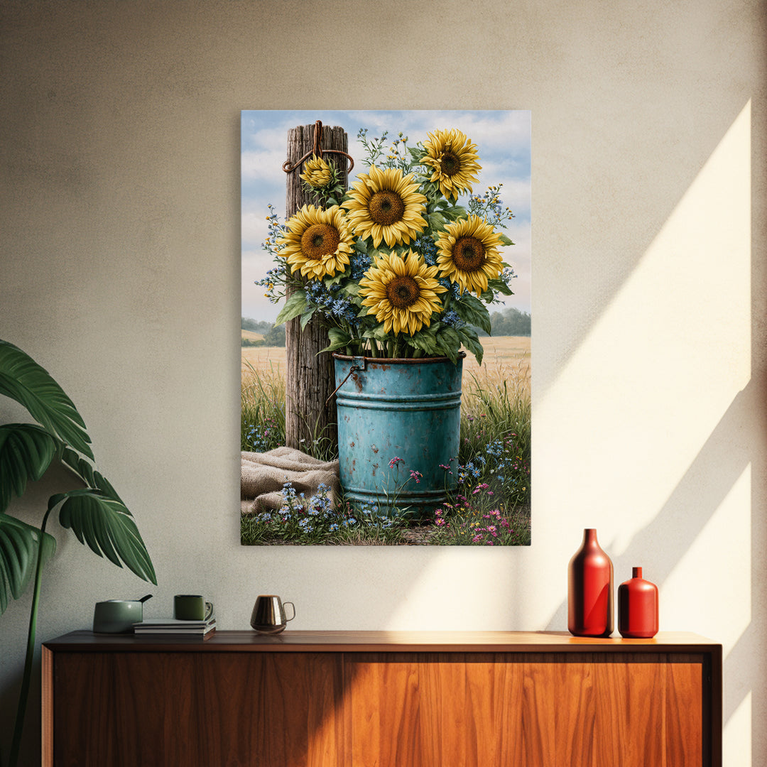 Sunflowers in a Metal Bucket Framed Canvas Print, Rustic Art, Living Room Art, Farmhouse Decor, Watercolor Art, Rustic, RUS-2x3-44
