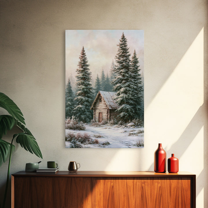 Log Cabin with Snowy Pines Framed Canvas Print, Rustic Art, Wall Art, Farmhouse Decor, Abstract Art, Rustic, Living Room Decor, RUS-2x3-47