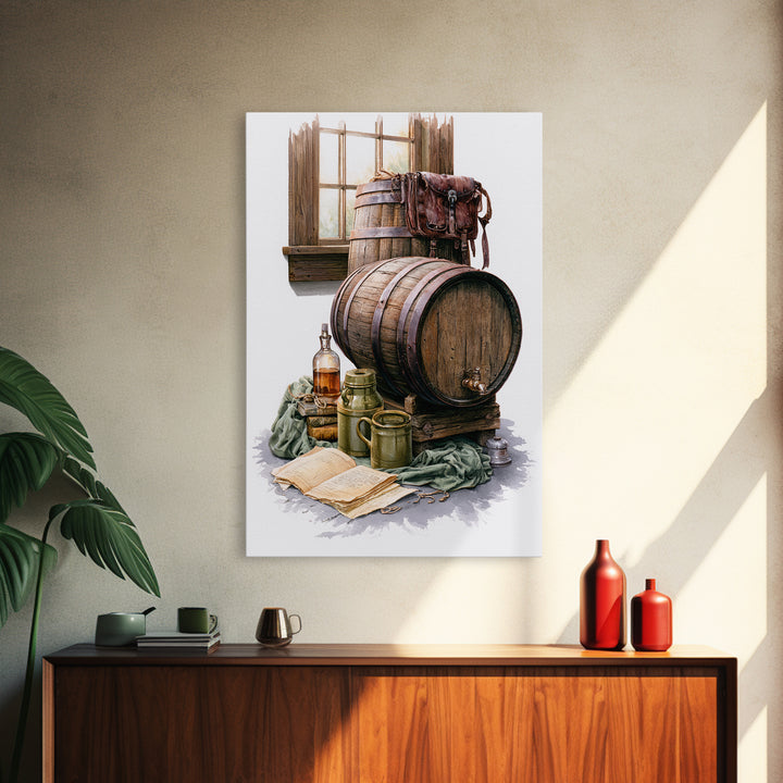Whiskey Barrel and Leather Still Life Framed Canvas Print, Rustic Art, Room Decor, Farmhouse Decor, Oil Painting, Rustic, RUS-2x3-51
