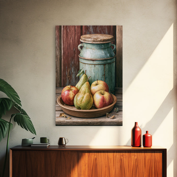 Rustic Pear and Apple Still Life Framed Canvas Print, Rustic Art, Printable Wall Art, Farmhouse Decor, Oil Painting, Rustic, RUS-2x3-53