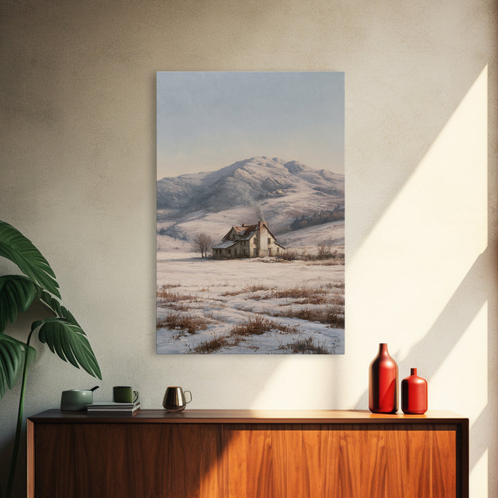 Winter Mountain Scene Framed Canvas Print, Rustic Art, Textured Painting, Farmhouse Decor, Oil Painting, Rustic, Digital Print, RUS-2x3-55