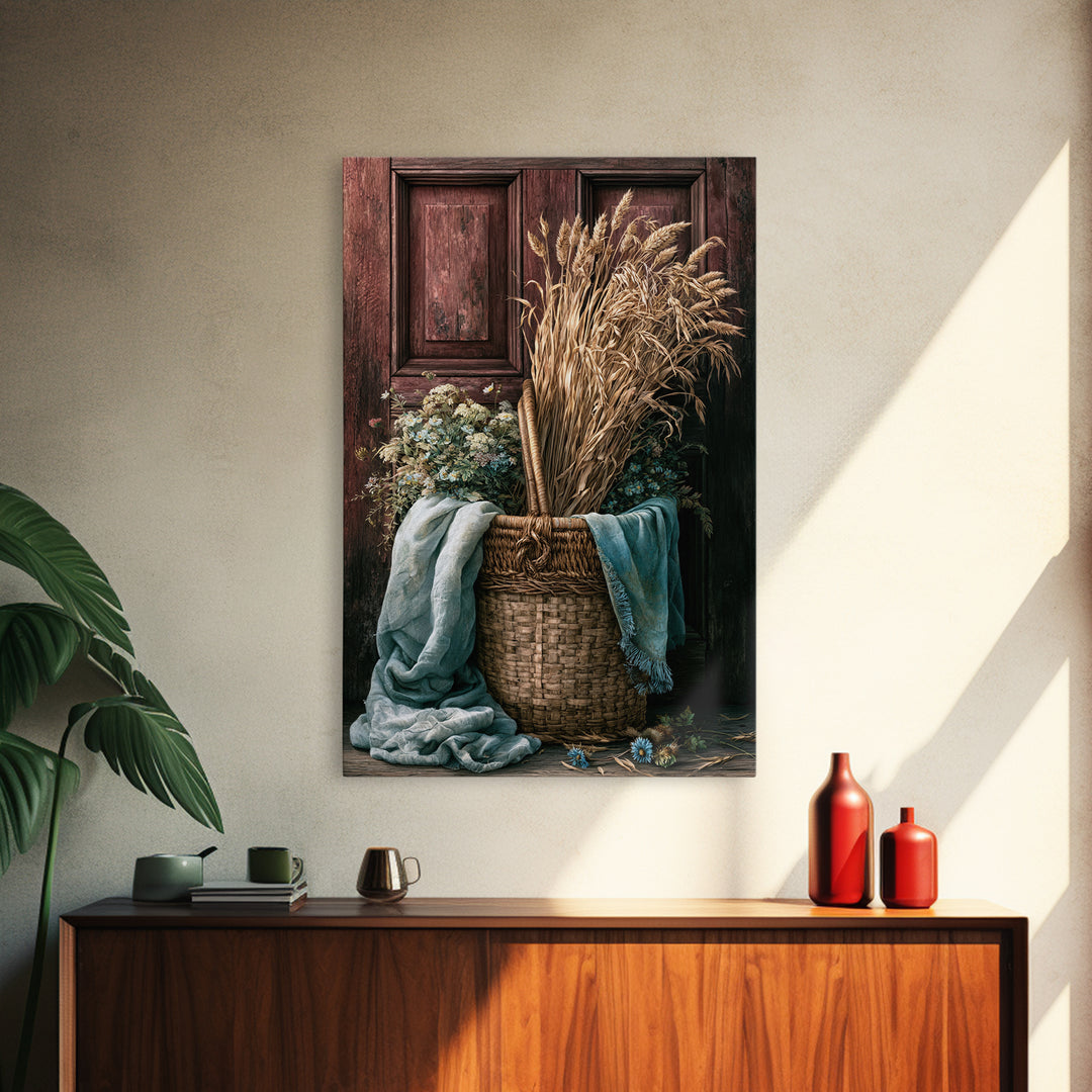 Handwoven Basket with Dried Grasses Framed Canvas Print, Rustic Art, Wall Decor, Farmhouse Decor, Abstract Art, Rustic, RUS-2x3-56