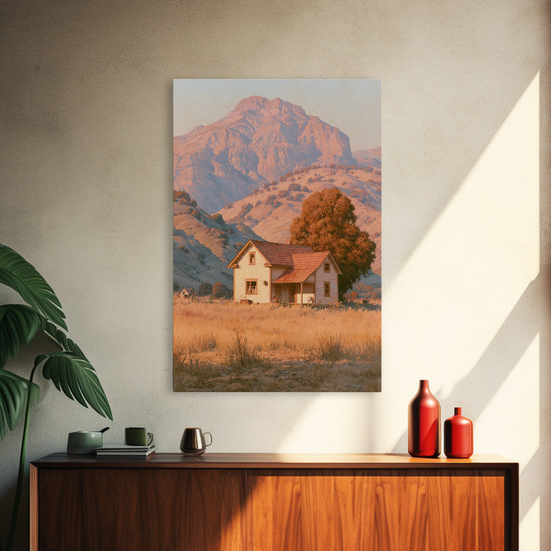 Mountain Cabin Landscape Framed Canvas Print, Rustic Art, Painting, Farmhouse Decor, Fine Art, Rustic, Boho Wall Art, RUS-2x3-59