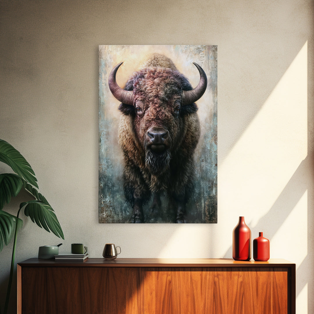 Buffalo Portrait with Western Texture Framed Canvas Print, Rustic Art, Boho Decor, Farmhouse Decor, Fine Art, Rustic, RUS-2x3-6