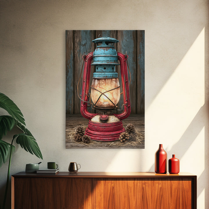 Rustic Lantern Glowing Beside Pinecones Framed Canvas Print, Rustic Art, Wall Art, Farmhouse Decor, Fine Art, Rustic, RUS-2x3-60