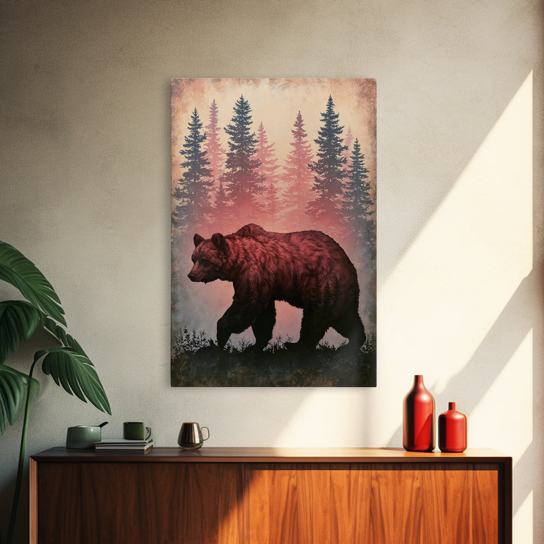 Bear Silhouette Among Pine Trees Framed Canvas Print, Rustic Art, Digital Prints, Farmhouse Decor, Watercolor Art, Rustic, RUS-2x3-63