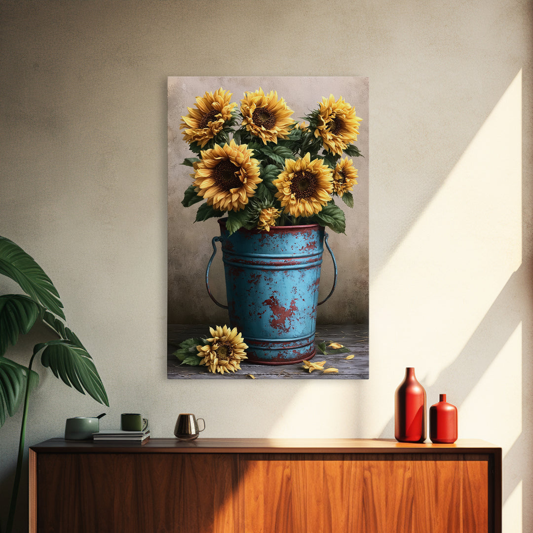 Sunflowers in a Metal Bucket Framed Canvas Print, Rustic Art, Oil Painting, Farmhouse Decor, Rustic, Modern Art, RUS-2x3-68