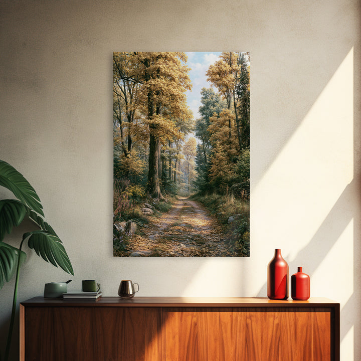 Forest Path with Golden Autumn Leaves Framed Canvas Print, Rustic Art, Painting, Farmhouse Decor, Rustic, Boho Wall Art, RUS-2x3-74