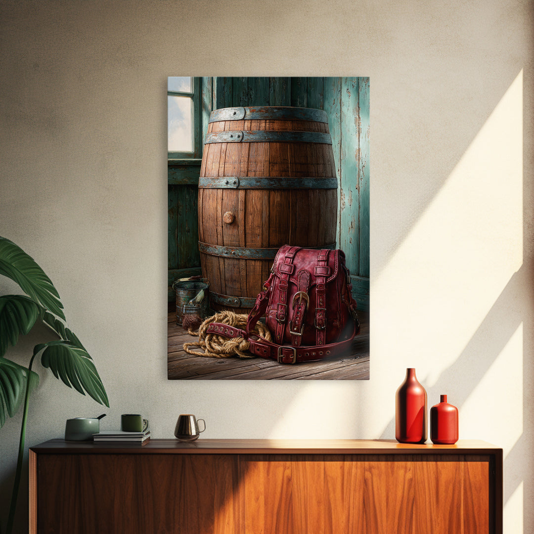 Whiskey Barrel and Leather Still Life Framed Canvas Print, Rustic Art, Printable Wall Art, Farmhouse Decor, Fine Art, Rustic, RUS-2x3-75