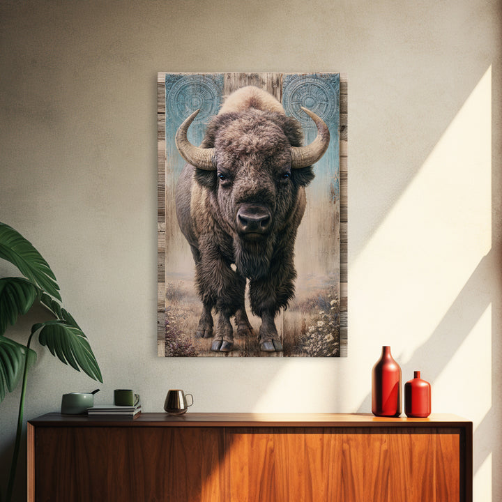 Buffalo Portrait with Western Texture Framed Canvas Print, Rustic Art, Digital Prints, Farmhouse Decor, Oil Painting, Rustic, RUS-2x3-78
