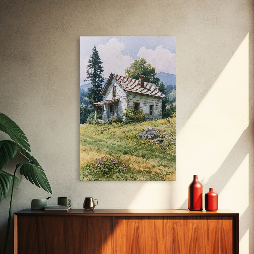 Mountain Cabin Landscape Framed Canvas Print, Rustic Art, Abstract Wall Art, Farmhouse Decor, Fine Art, Rustic, Landscape Art, RUS-2x3-83