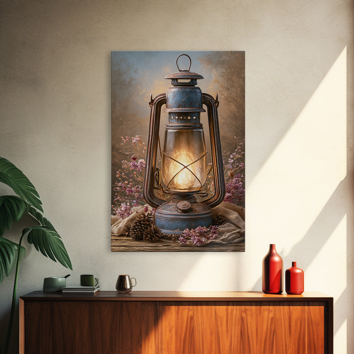 Rustic Lantern Glowing Beside Pinecones Framed Canvas Print, Rustic Art, Farmhouse Wall Art, Farmhouse Decor, Fine Art, Rustic, RUS-2x3-84