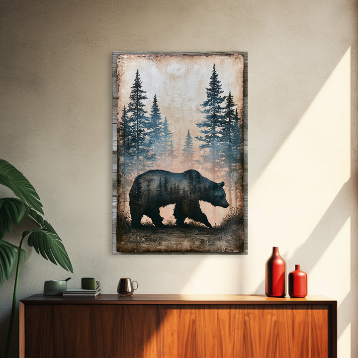 Bear Silhouette Among Pine Trees Framed Canvas Print, Rustic Art, Boho Wall Art, Farmhouse Decor, Rustic, Downloadable Art, RUS-2x3-87