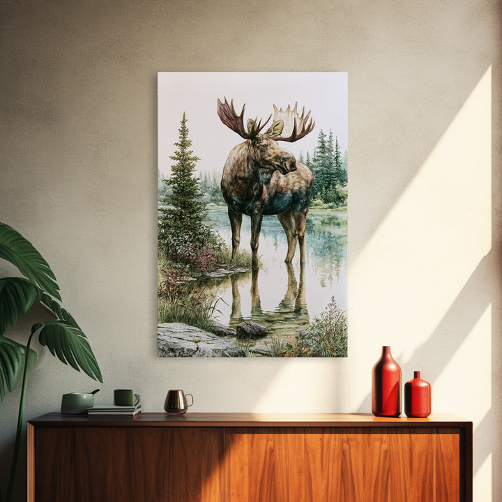 Moose Standing by a Quiet Lake Framed Canvas Print, Rustic Art, Boho Wall Art, Farmhouse Decor, Rustic, Downloadable Art, RUS-2x3-89