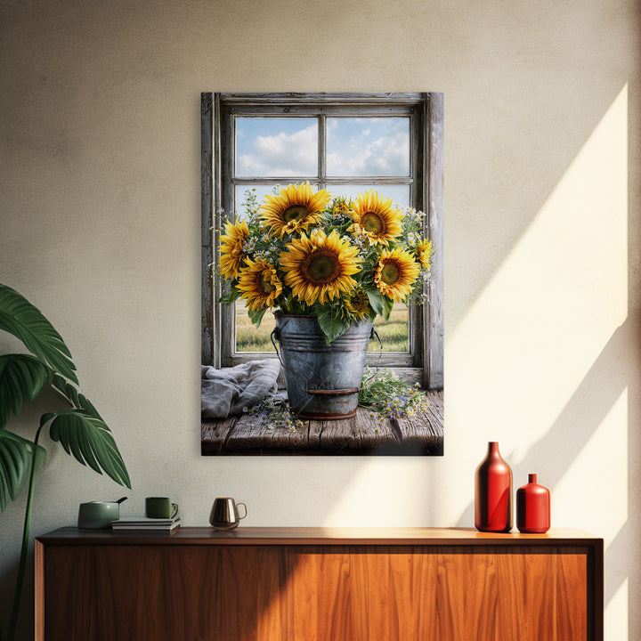 Sunflowers in a Metal Bucket Framed Canvas Print, Rustic Art, Gallery Decor, Farmhouse Decor, Fine Art, Rustic, RUS-2x3-92
