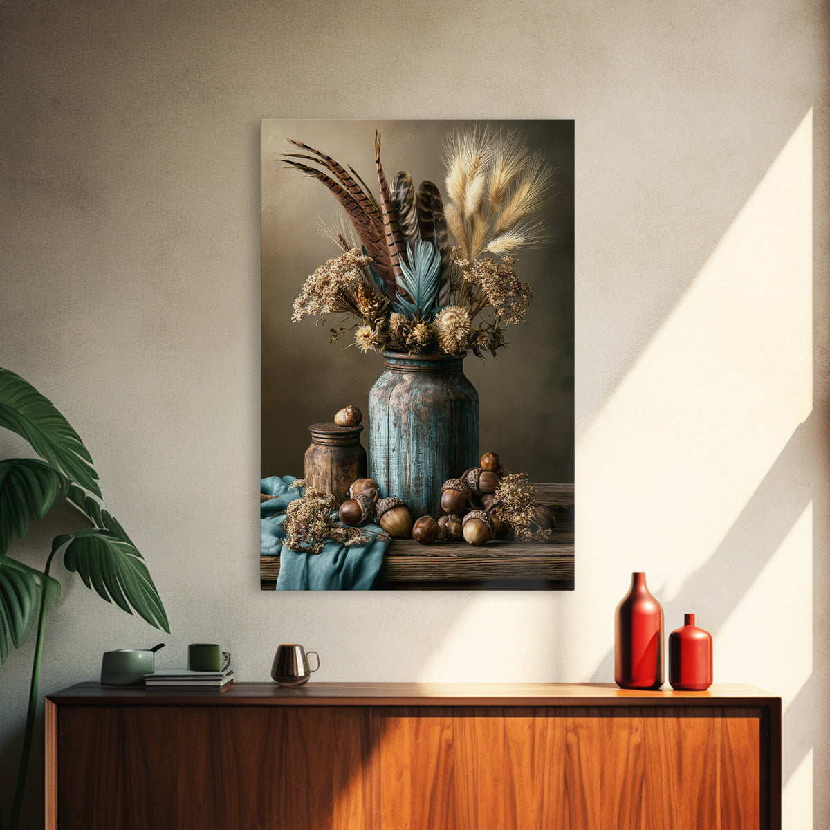 Pheasant Feathers and Acorns Arrangement Canvas Print, Rustic Art, Digital Print, Farmhouse Decor, Rustic, Landscape Painting, RUS-2x3-96