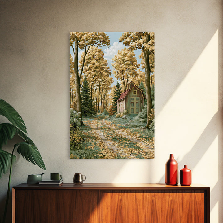 Forest Path with Golden Autumn Leaves Framed Canvas Print, Rustic Art, Painting, Farmhouse Decor, Rustic, Boho Wall Art, RUS-2x3-98