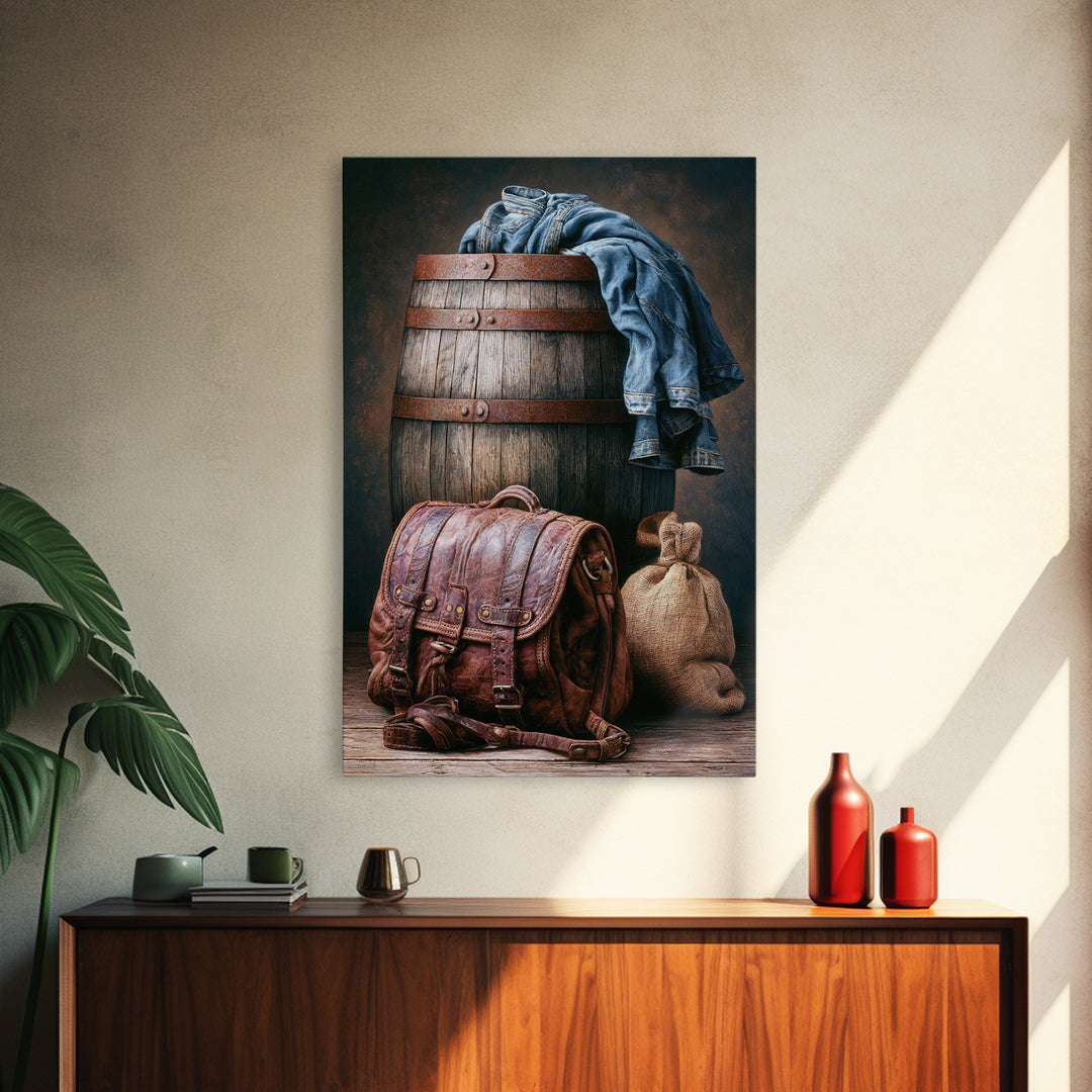 Whiskey Barrel and Leather Still Life Canvas Print, Rustic Art, Farmhouse Decor, Rustic, Gallery Wall Art, Landscape Wall Art, RUS-2x3-99