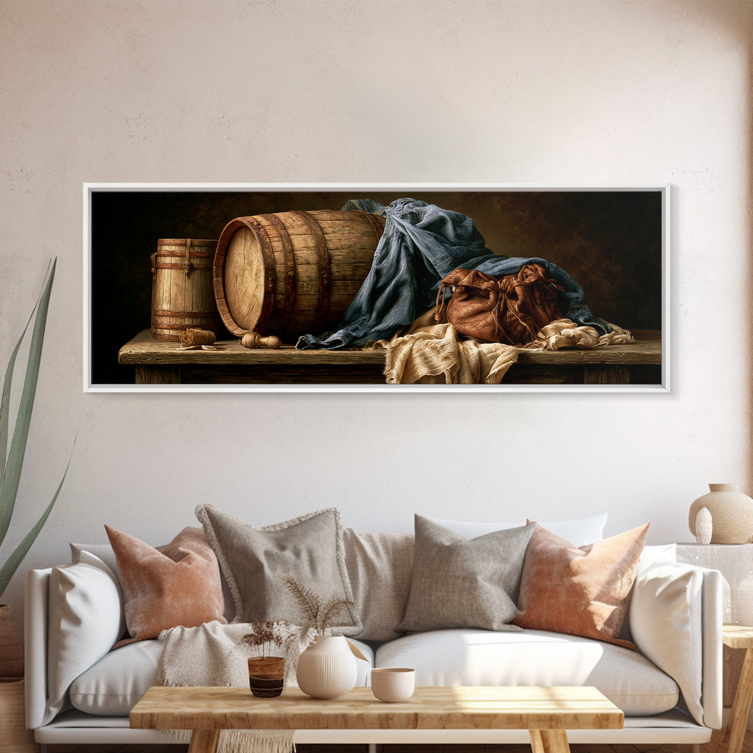 Whiskey Barrel and Leather Still Life Canvas Print, Rustic Art, Landscape Art, Farmhouse Decor, Watercolor Art, Rustic, RUS-3x1-11