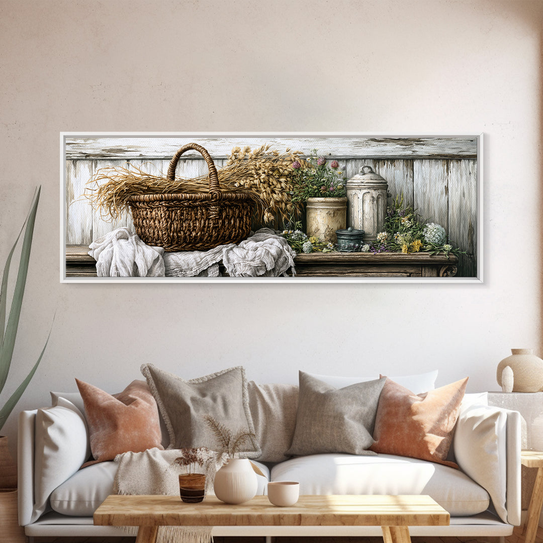 Handwoven Basket with Dried Grasses Canvas Print, Rustic Art, Wood Art, Farmhouse Decor, Fine Art, Rustic, Wall Decor, RUS-3x1-16