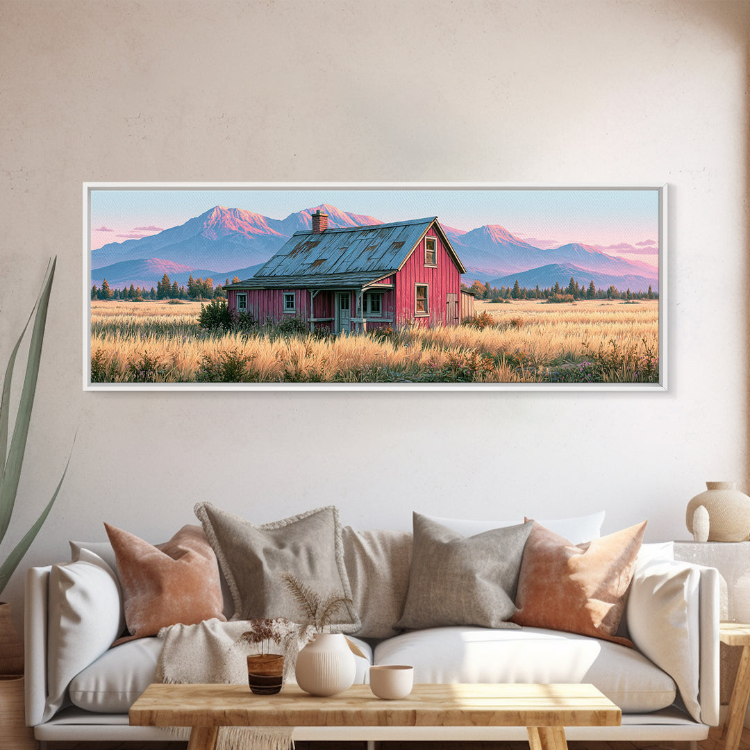 Mountain Cabin Landscape Canvas Print, Rustic Art, Fine Art Print, Farmhouse Decor, Fine Art, Rustic, Painting, Digital Prints, RUS-3x1-19