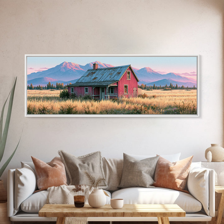 Mountain Cabin Landscape Canvas Print, Rustic Art, Fine Art Print, Farmhouse Decor, Fine Art, Rustic, Painting, Digital Prints, RUS-3x1-19