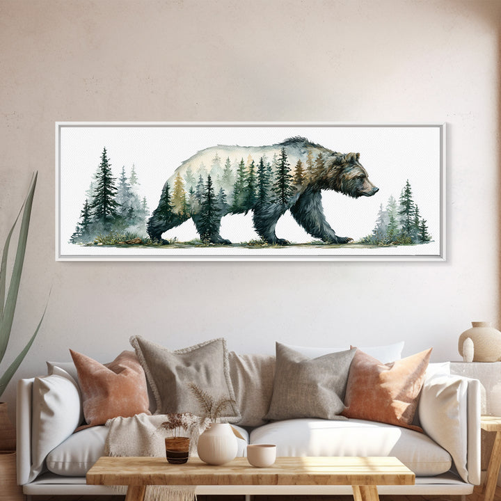Bear Silhouette Among Pine Trees Framed Canvas Print, Rustic Art, Statement Artwork, Farmhouse Decor, Fine Art, Rustic, RUS-3x1-23