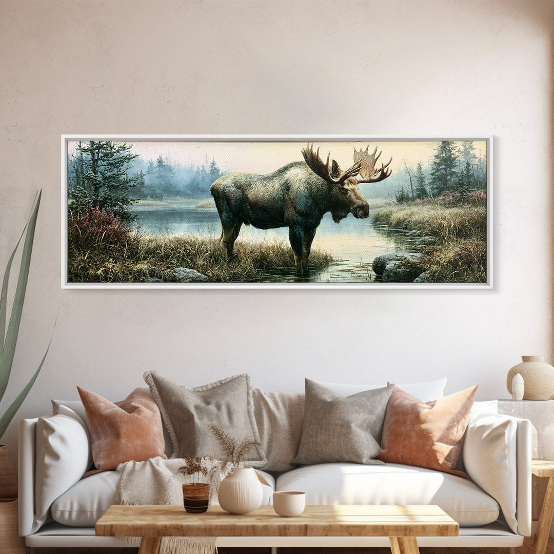Moose Standing by a Quiet Lake Canvas Print, Rustic Art, Wood Art, Farmhouse Decor, Fine Art, Rustic, Wall Decor, Neutral Decor, RUS-3x1-25