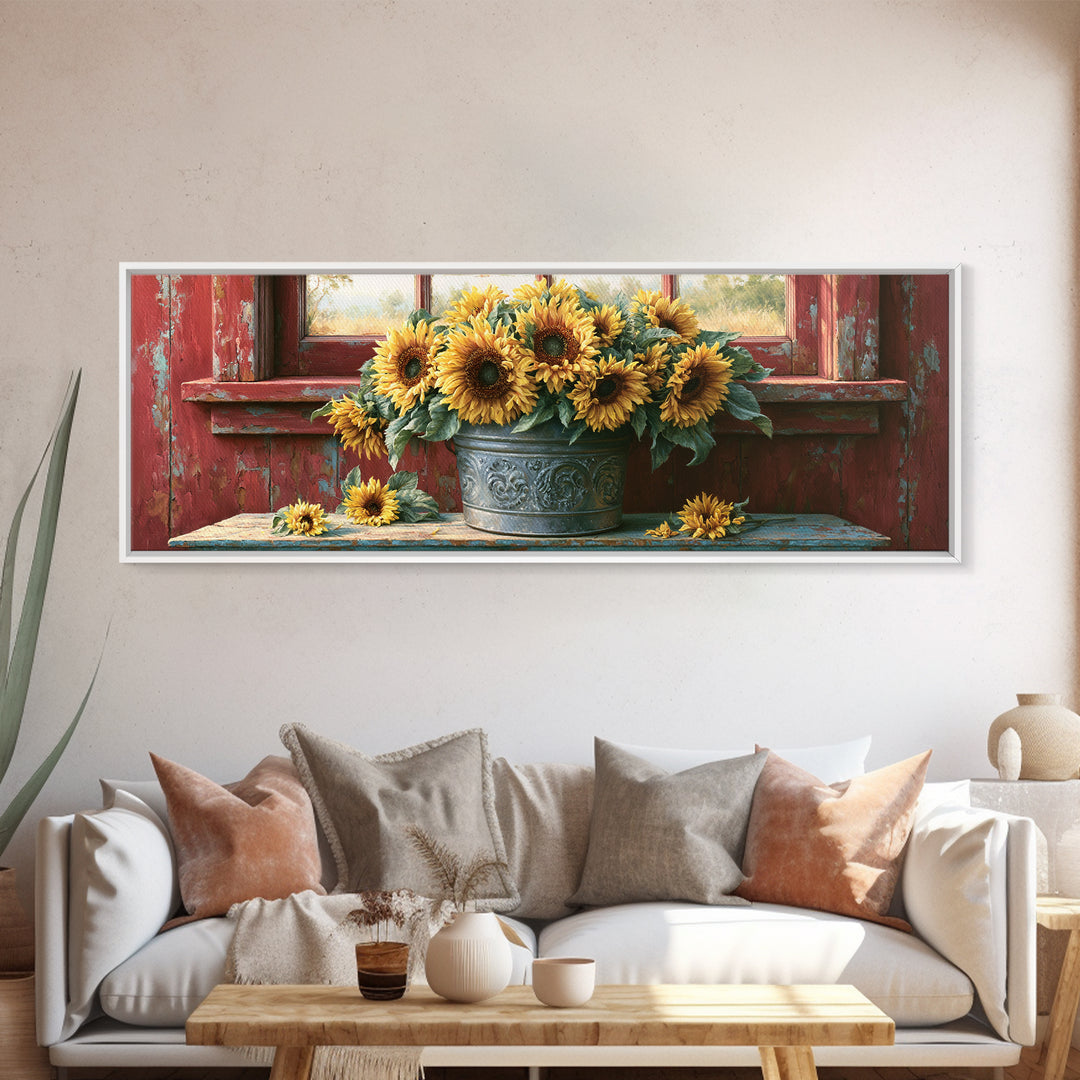 Sunflowers in a Metal Bucket Framed Canvas Print, Rustic Art, Downloadable Art, Farmhouse Decor, Watercolor Art, Rustic, RUS-3x1-28