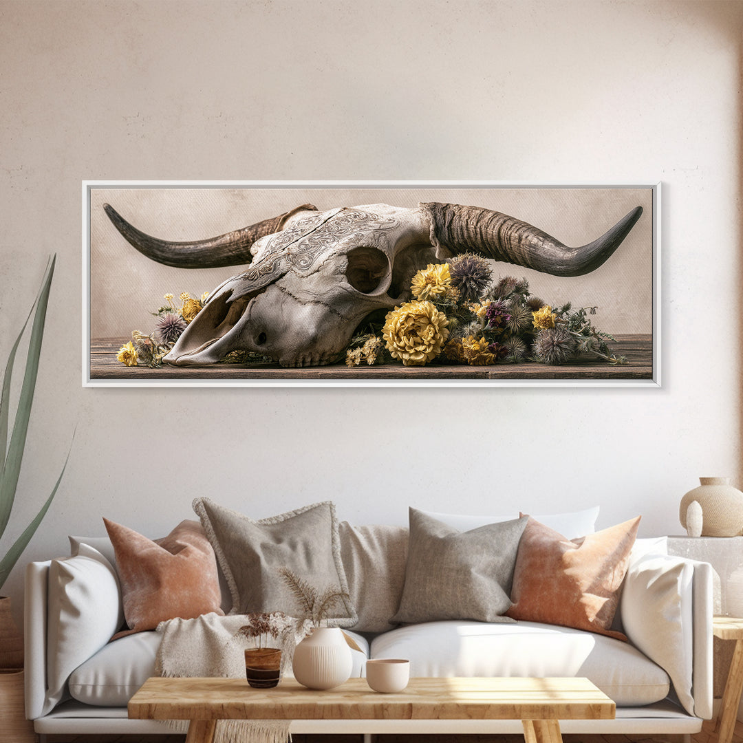 Cow Skull with Desert Flowers Canvas Print, Rustic Art, Boho Wall Art, Farmhouse Decor, Oil Painting, Rustic, Downloadable Art, RUS-3x1-33