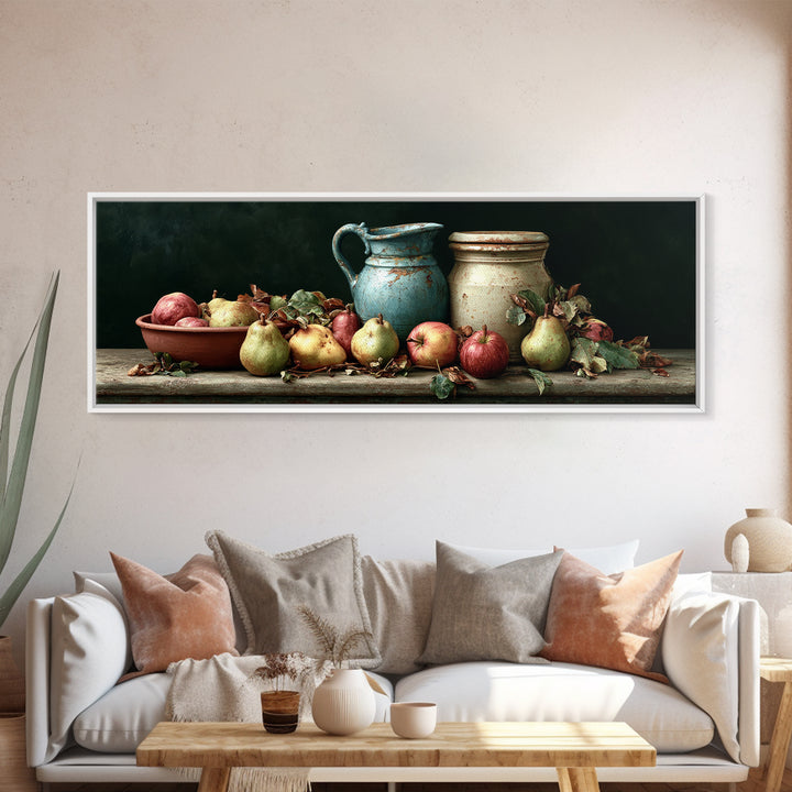 Rustic Pear and Apple Still Life Framed Canvas Print, Rustic Art, 3d Wall Art, Farmhouse Decor, Watercolor Art, Rustic, RUS-3x1-37