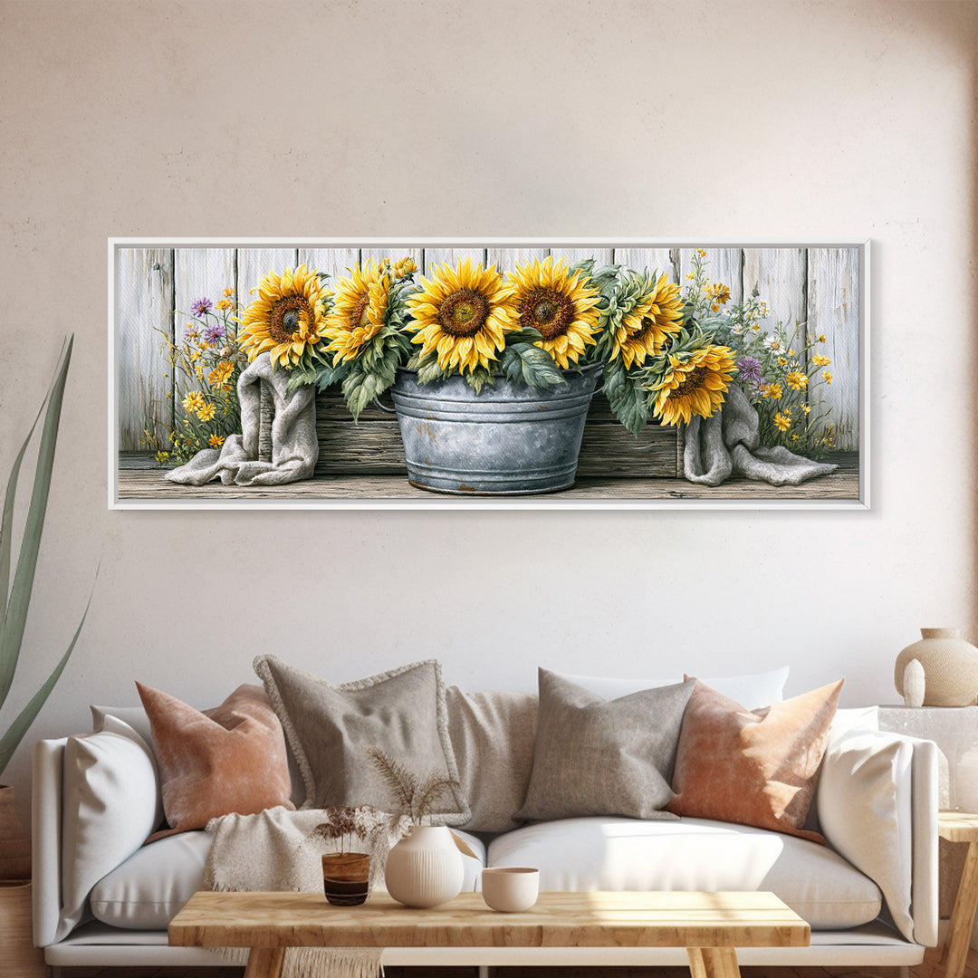 Sunflowers in a Metal Bucket Canvas Print, Rustic Art, Eclectic Wall Art, Farmhouse Decor, Watercolor Art, Rustic, RUS-3x1-4