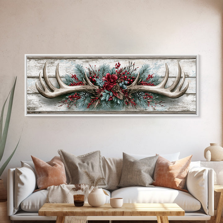 Deer Antlers with Pine Branches and Berries Canvas Print, Rustic Art, Abstract Wall Art, Farmhouse Decor, Watercolor Art, RUS-3x1-42