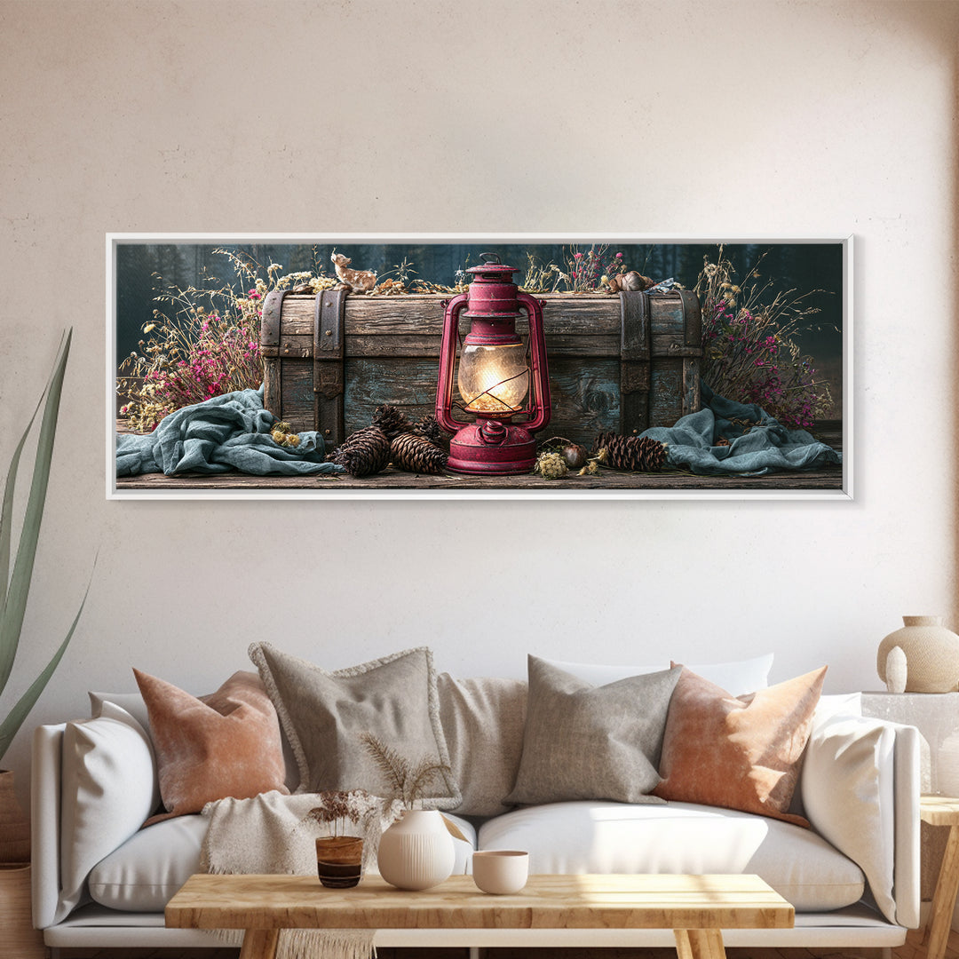 Rustic Lantern Glowing Beside Pinecones Framed Canvas Print, Rustic Art, Wall Decor, Farmhouse Decor, Fine Art, Rustic, RUS-3x1-44