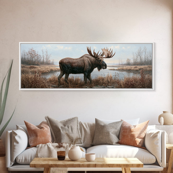 Moose Standing by a Quiet Lake Canvas Print, Rustic Art, Wood Art, Farmhouse Decor, Fine Art, Rustic, Wall Decor, Neutral Decor, RUS-3x1-49